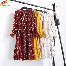 Summer Dress 2018 Women Floral Printed Chiffon Dress Lady Bow Tie V Neck Long Sleeve A