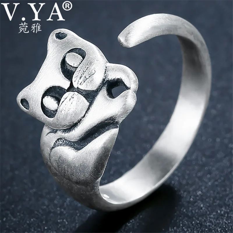 

V.YA Solid 990 Sterling Silver Cat Ring Women Rings Adjustable Size Female Ladies Christmas Gift Jewelry