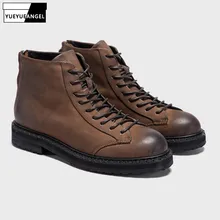 Мужские Зимние ботильоны из натуральной коровьей кожи наивысшего качества; мотоциклетные ботинки с круглым носком; ботинки на шнуровке с высоким берцем в стиле ретро