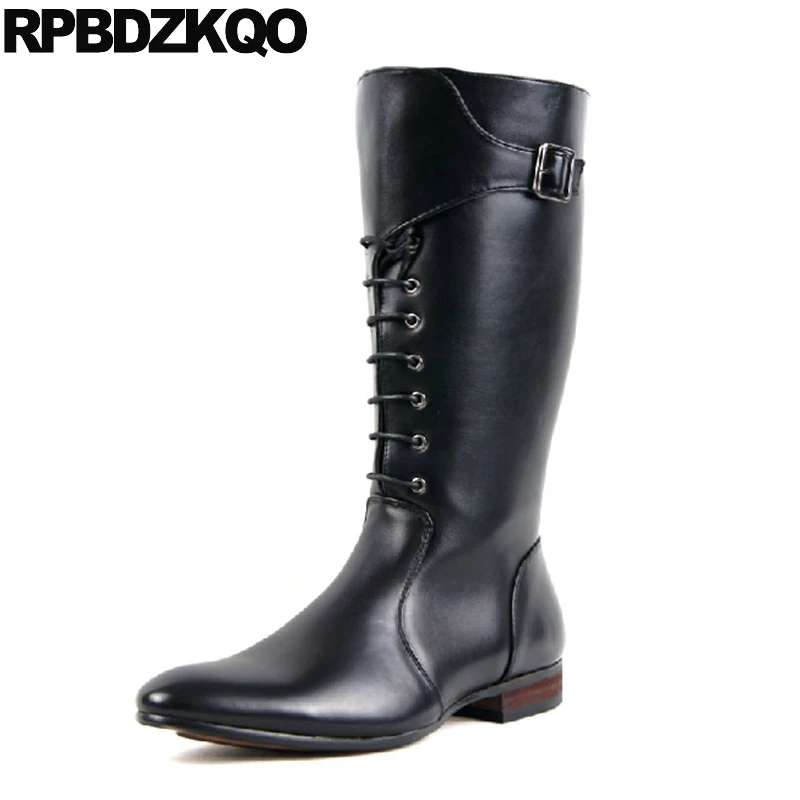 

British Style 2018 Tall Men Vintage Motorcycle Boots Designer Stylish Shoes Zipper Riding Pointed Toe Mid Calf Lace Up Black