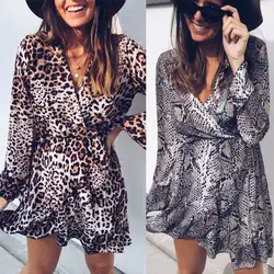2019 Новейшее модное женское леопардовое змеиное платье с длинными рукавами для вечеринки коктейльное короткое мини-платье