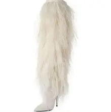 Новые белое перо бахрома женские пикантные ботинки с острым носком конусообразный каблук выше колена женские ботинки челси Большие