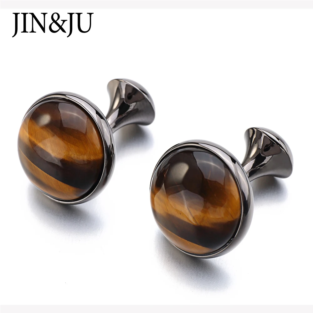 Красивые натуральные запонки JIN & JU из тигрового камня и золотой сетки