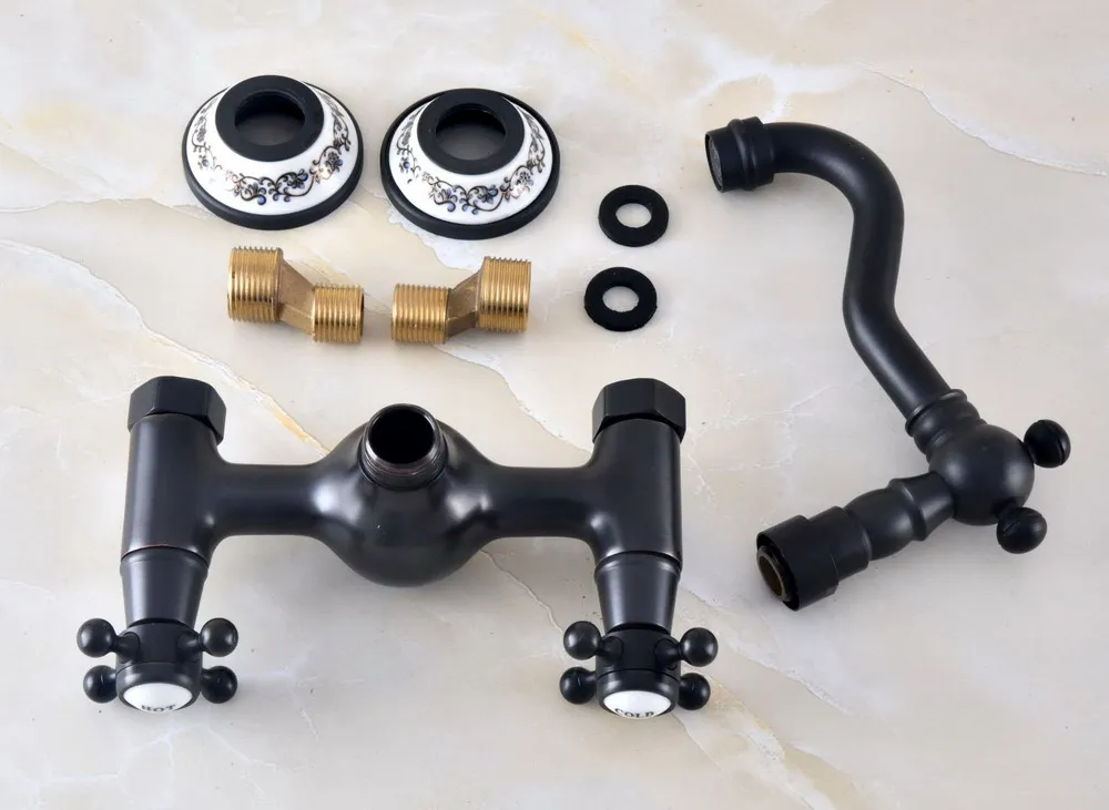 Black Oil Rubbed Bronze Brass Two Cross Handles Wall Mount Swivel Spout Kitchen & Bathroom Basin Sink Faucet Mixer Tap anf473