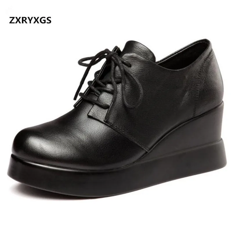 Lässig Ferse Frühling Echtes Volles Komfort Elegante Frauen High Hang Mode Heißer Neue Schwarzes 2019 Verkauf brown Leder Schuhe Heels OxatR