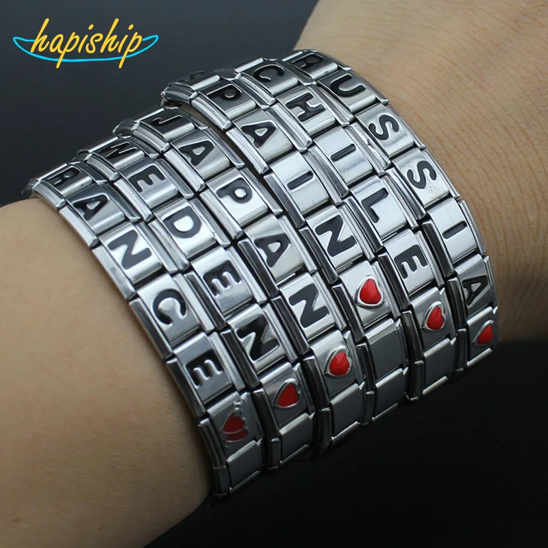 

Hapiship Men/Women's Design Jewelry Spain Chile Ukraine Poland Bahrain Letter 18Links Stainless Steel 6.8" Bracelet Bangle PJ047