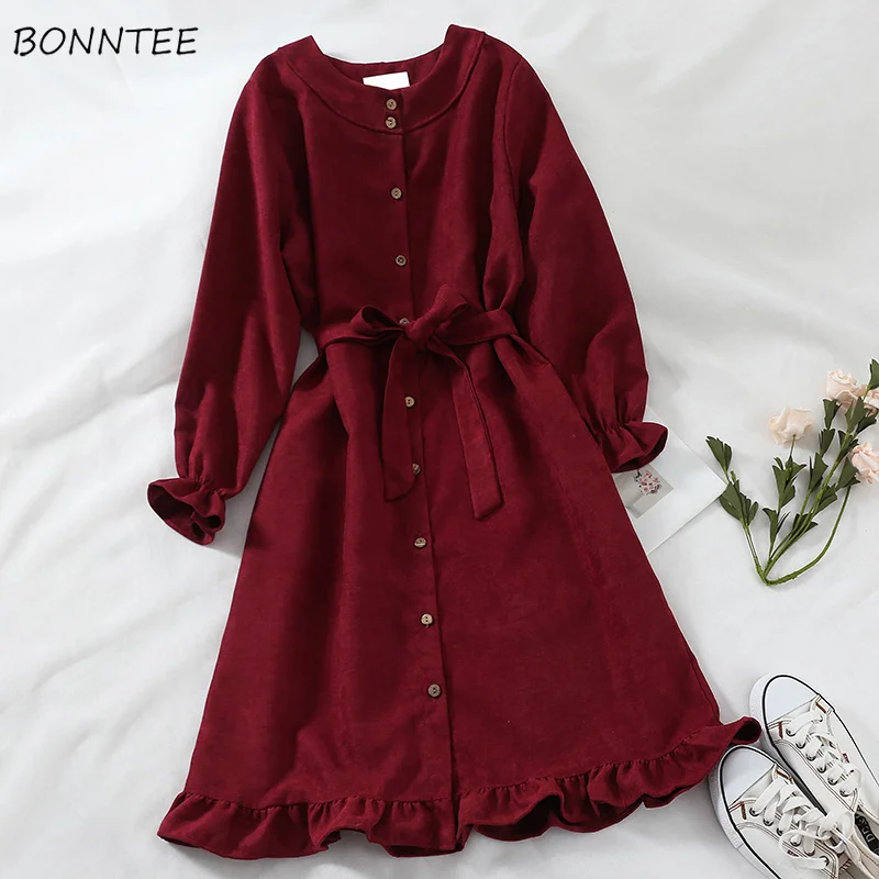 

Dress Women O-Neck Flare Sleeve Button Drawstring High Waist Elegant Solid Kawaii Korean Style Soft Retro Dresses Womens Sweet