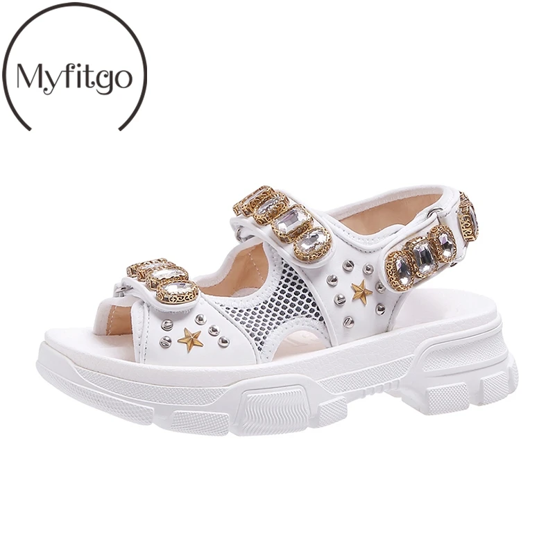 

Myfitgo Fashion Hook Loop Women's Sandals Bling Crystal Platform Wedge Sandals Female Shoes Beads Off White Casual Sandals Shoes