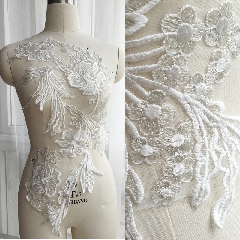 

Silver Silk Large Lace Big Flowers White Wedding Dress Handmade DIY Bride Hair Accessories Lace Patch Clothes Applique