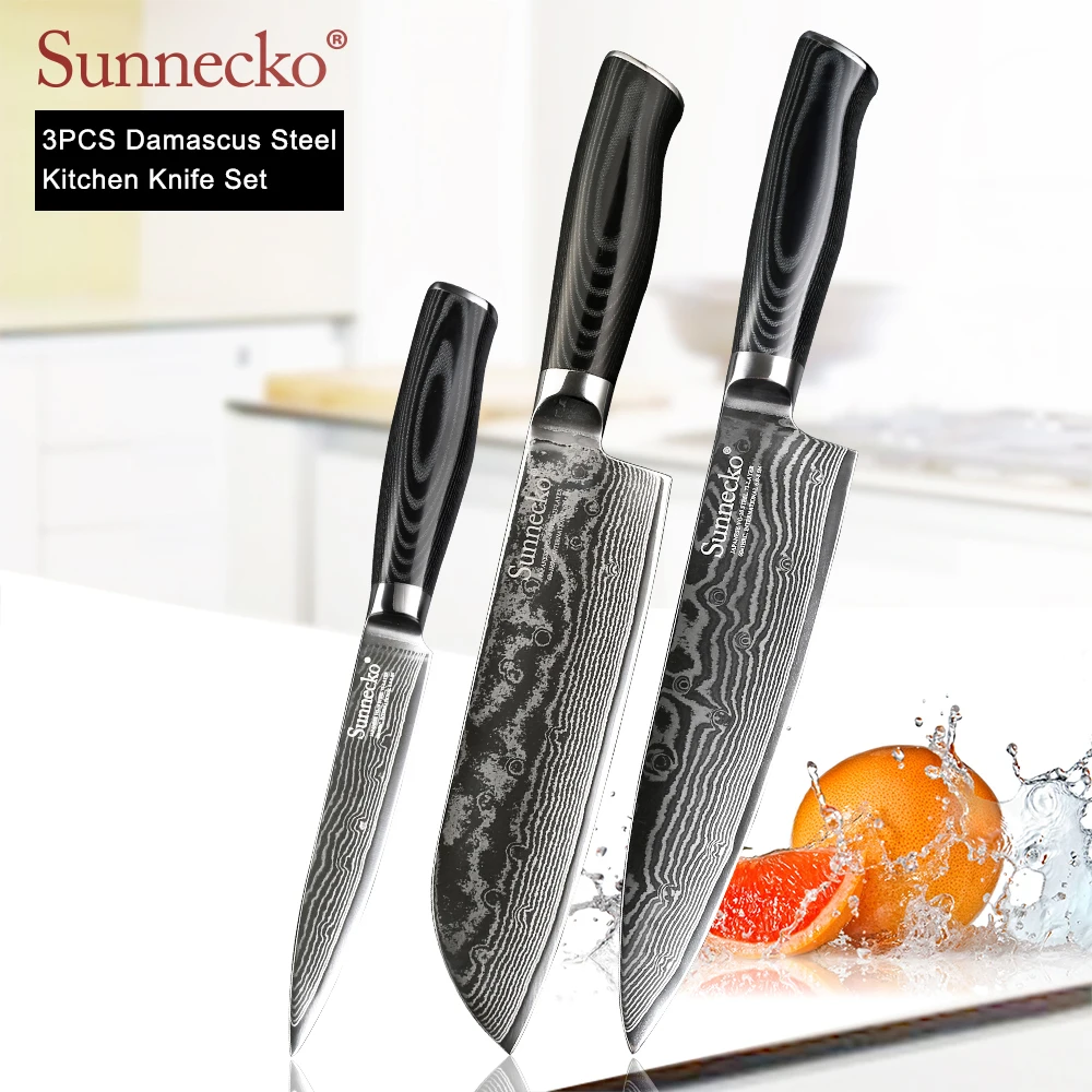 

SUNNECKO High Quality Damascus Steel Chef Utility Santoku Knife Micarta Handle Sharp Meat Cutter Tools 3PCS Kitchen Knives Set