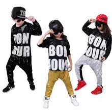 Танцевальные костюмы в стиле хип-хоп с блестками для мальчиков и девочек, серебристо-черные костюмы для бальных танцев в стиле хип-хоп, Современный Джаз, комплект из 2 предметов, топ и штаны, группа/сольные соревнования