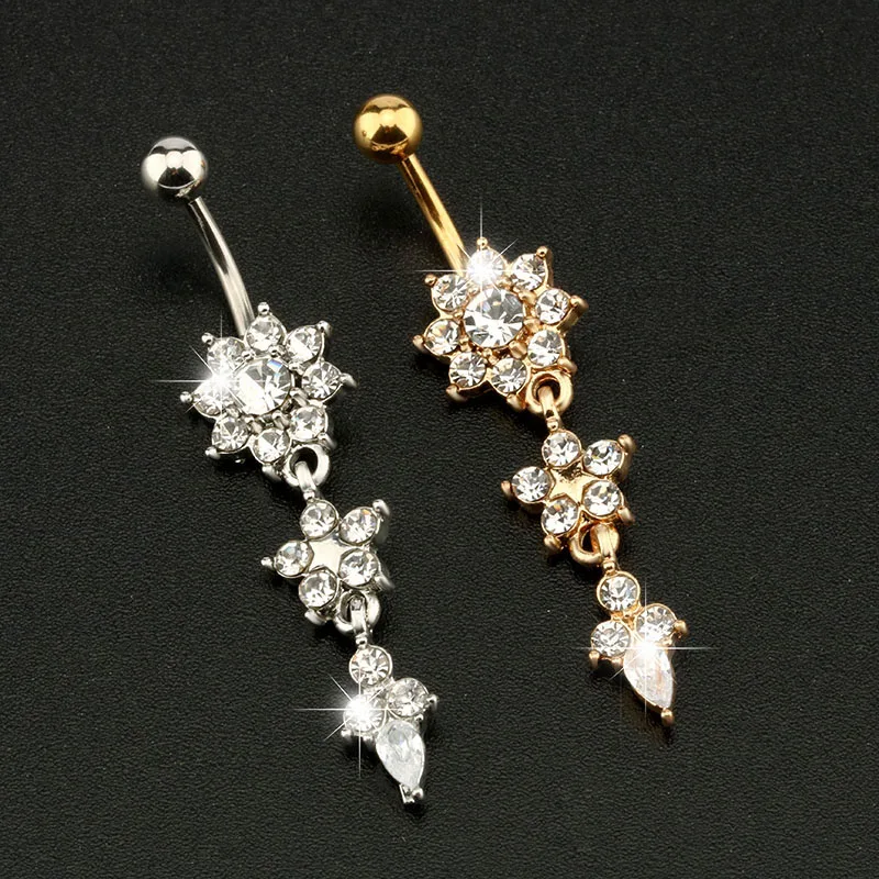

Sexy Flower Dangle Belly Button Rings Crystal Long Dangle Navel Piercing Jewelry Surgical Steel Anti-allergic Ombligo Nobril New