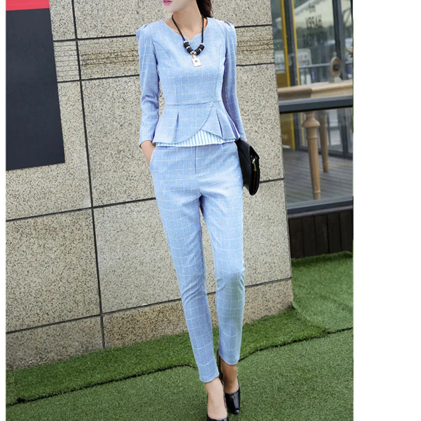 Ellacey New Spring Autumn Fashion Women's Business Pants Suits Office Lady Plaid Checker Ruffles Suits For Women 2 Pieces Set
