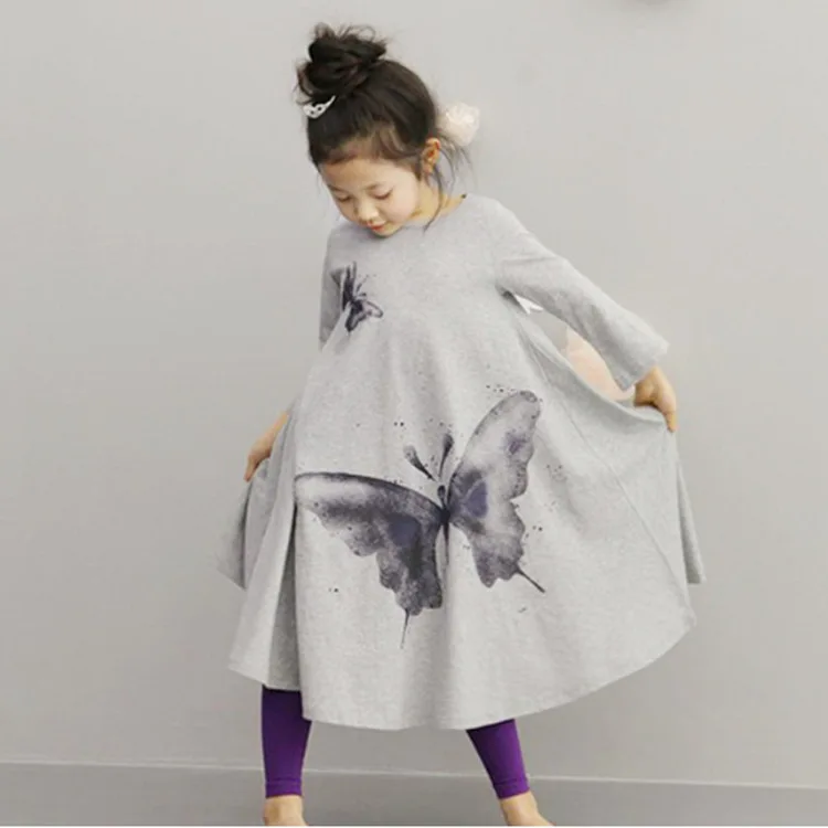 

2019 Fashion Spring and Autumn 2t To 8 Years Girls Clothes Children Butterfly Printed Maxi Toddler Long Sleeve Dress Kids
