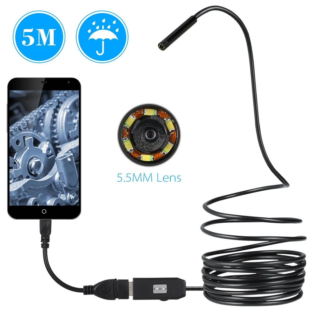 

OWSOO 6 LED 5.5MM Lens Endoscope IP67 Waterproof Inspection Borescope USB Wire Snake Tube Camera Compatible Android Smart Phones