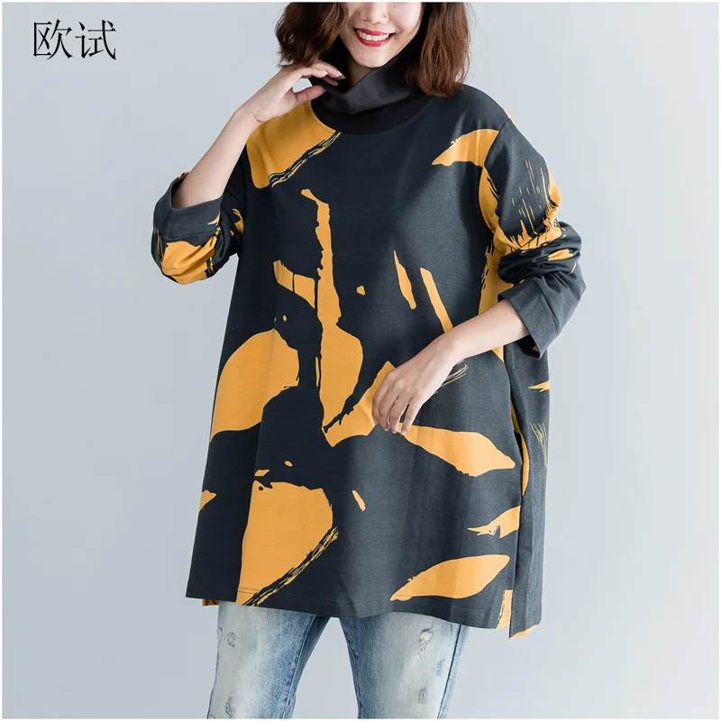 

Womens Korean Knitted Turtleneck Hoodies Long Sweatshirt Women Print Autumn Plus Size Elastic Hoodie Tops Casual Loose 2019