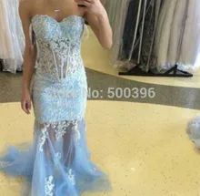 Schöne Blue Sexy Durchsichtig Abendkleid 2017 Meerjungfrau Abendkleid vestidos Schatz Frauen Kleid Lange Kleider
