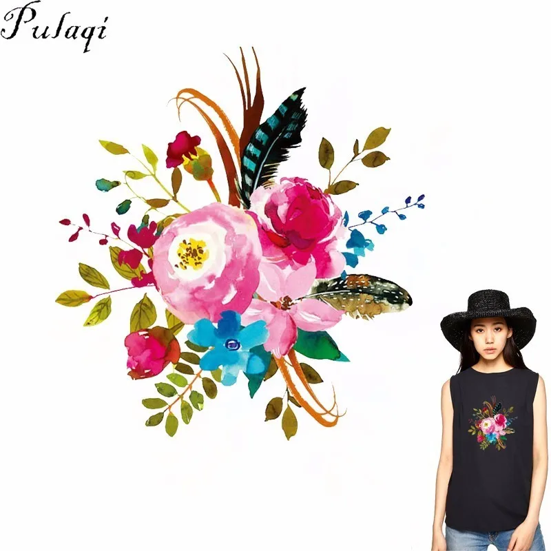 

Pulaqi Flowers Heat Transfer Patches Badge Thermal Transfers Sticker Clothes On T-shirt Clothing Thermal Transfer Applique Diy F
