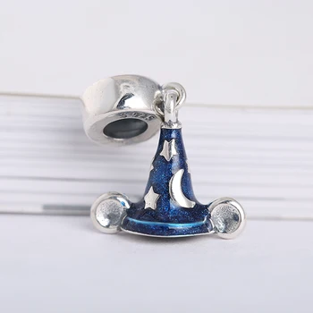 

100% Authentic 925 Sterling Silver Blue Enamel Cartoon Sorcerer Hat Pendant Beads Fits Brand bracelets Jewelry Making