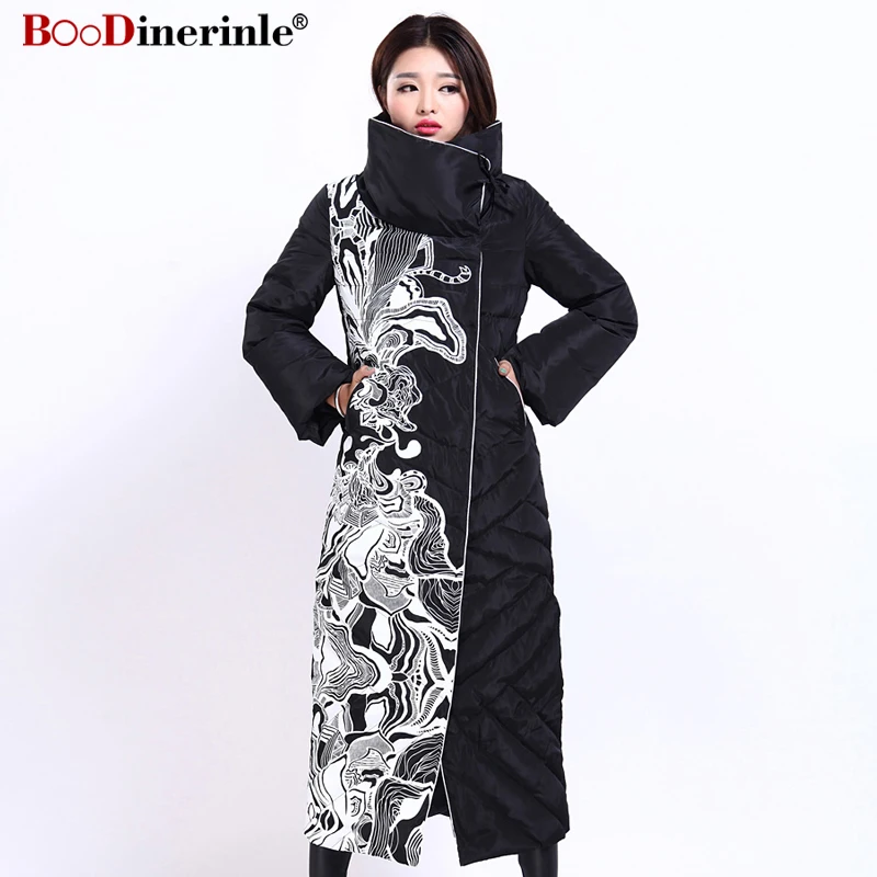 

Winter Women's Jacket Fashion Female X-Long Print Slim Thick White Duck Down Coat Elegant European Style Warm Overcoat YR159