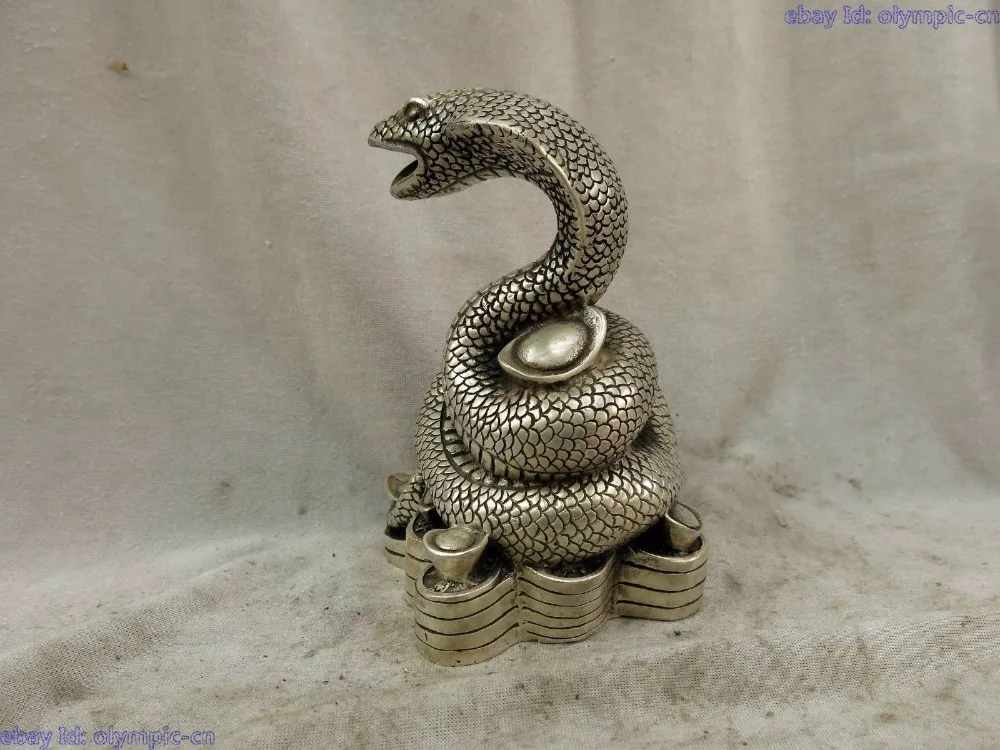 

zhaomeirui68++6" China silver finely beautiful carved lucky wealth snake Sculpture Statue