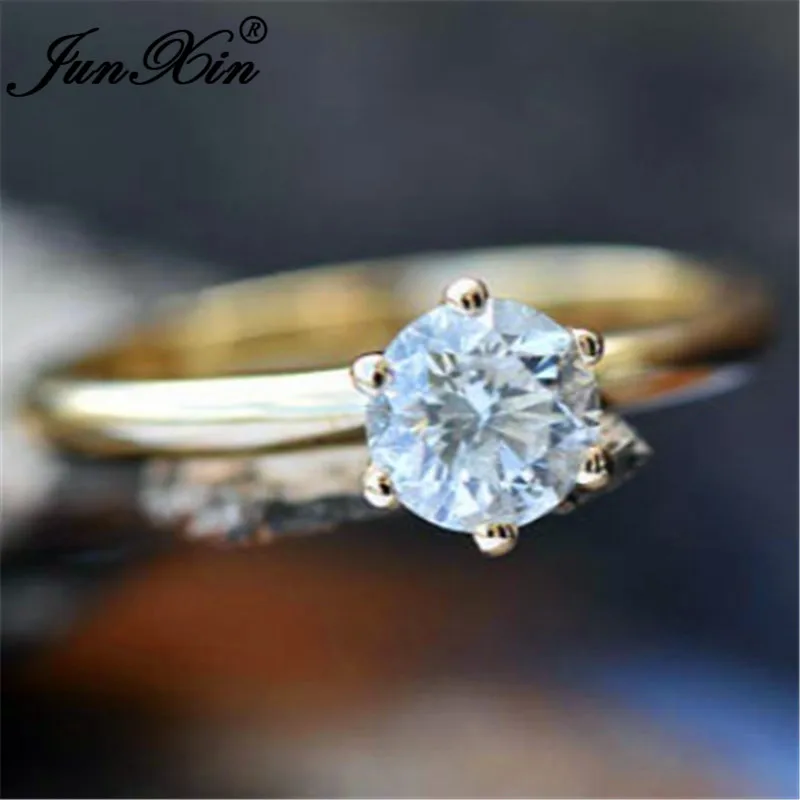 JUNXIN женский кристалл круглое кольцо серебро розовое золото цвет минималистский белый одиночный камень из циркона Обручальные Кольца тонкое кольцо ювелирные изделия