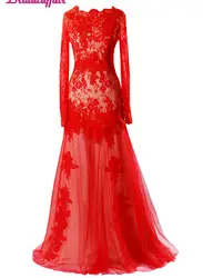 Красное Кружевное платье для выпускного вечера 2018 модное платье с длинным рукавом женское Аппликации Совок официальное вечернее платье