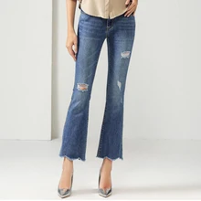 Тонкий Flare Штаны женщин Винтаж Высокая Талия Джинсы женские Штаны длинные штаны модные рваные свободные ковбойские штаны
