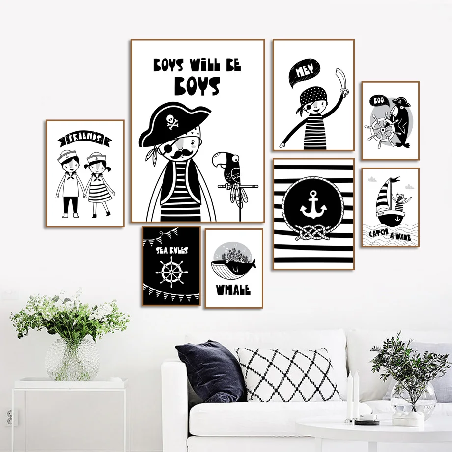 

Pirate Captain Boy Whale Fox Wall Art Canvas Painting Black White Cartoon Nordic Posters And Prints Wall Pictures For Kids Room