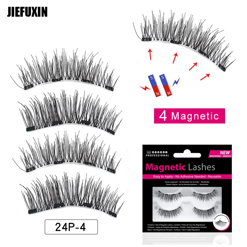 

JIEFUXIN Magnetic eyelashes with 4 magnets handmade 3D/6D magnetic lashes natural false eyelash magnet lash with gift box 24P-4
