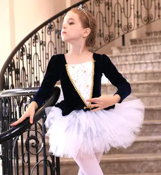 

100-150cm Embroidery Girl Ballet Dress Long Sleeve Leotard Tutu Skirt Children Competition Dance Wear Navy Pink Free Shipping