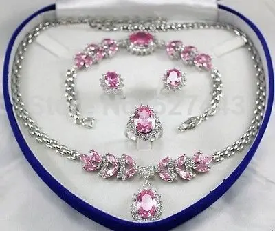 Wholesale Bridal Jewellery Women's Set Pink Crystal Necklace Earring Bracelet Ring (A0425)