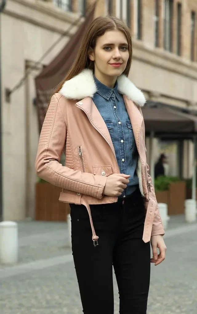 Толстые зимние кожаные жакеты, застежки зимняя мотоциклетная куртка женская дизайнерская модная верхняя одежда; куртка розового и черного цветов jaqueta couro меховой воротник