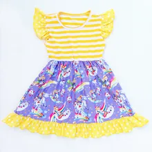 Летнее платье с единорогом для маленьких девочек желтая точка, Полосатое молочное шелковое платье детские фиолетовые эксклюзивные платья с жемчугом и единорогом