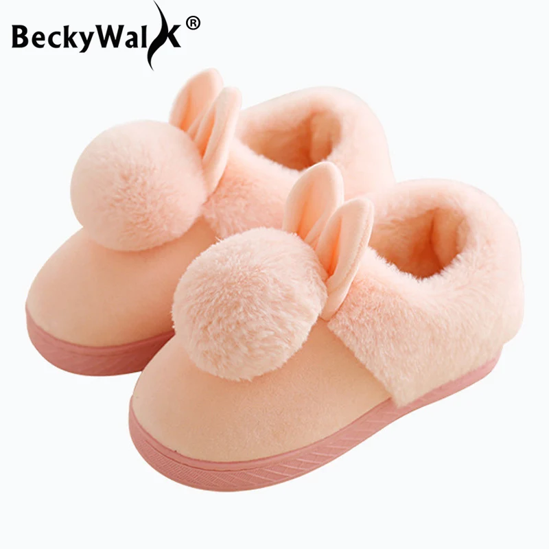 BeckyWalk/Детские хлопковые тапочки; нескользящие домашние тапочки для мальчиков и девочек; зимняя плюшевая теплая детская домашняя обувь; детские тапочки; CSH695