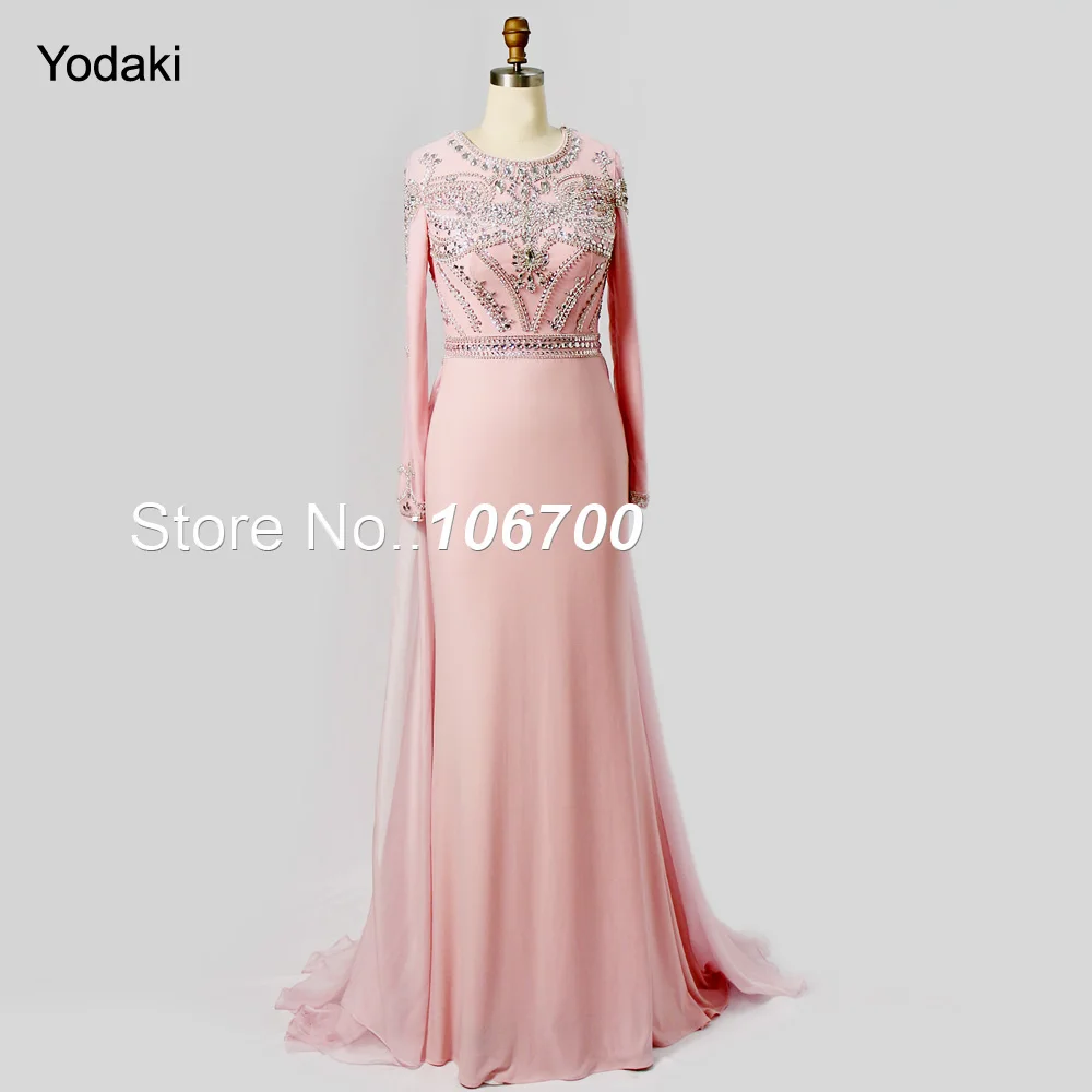 

2018 New Mermaid Evening Dress Long Sleeves With Lining Gowns Crystal Beaded Custom Muslim Light Pink Prom Dresses