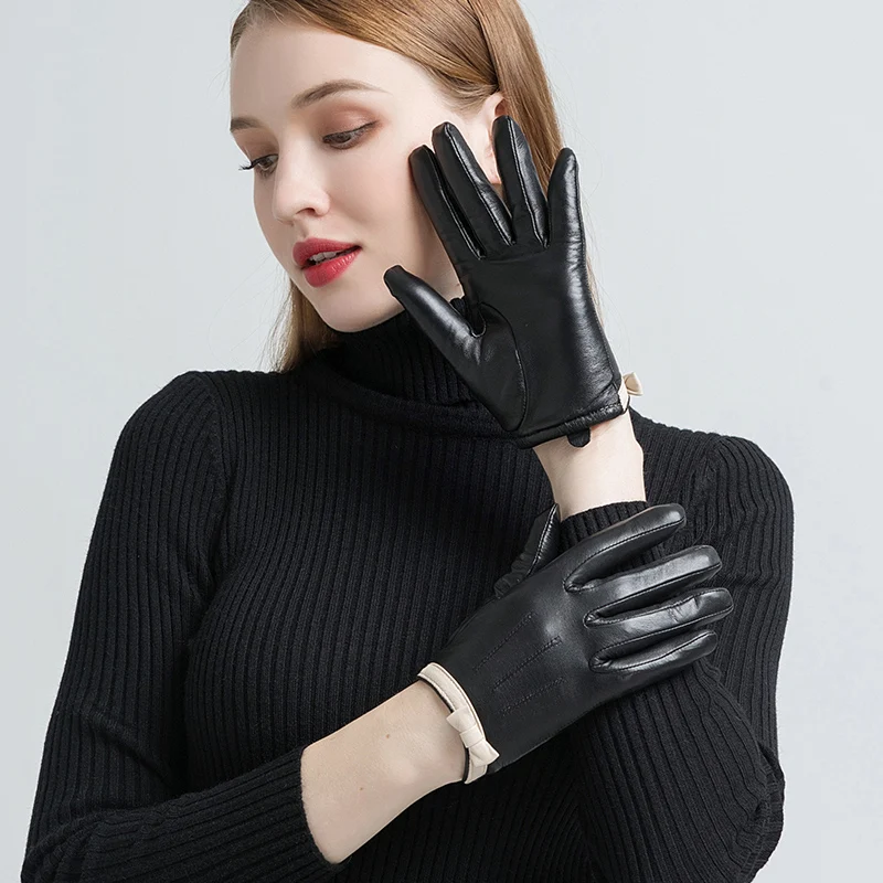 Gours перчатки из натуральной кожи для женщин, модные брендовые черные перчатки из козьей кожи, теплые зимние перчатки с бантиком, Новое поступление GSL049