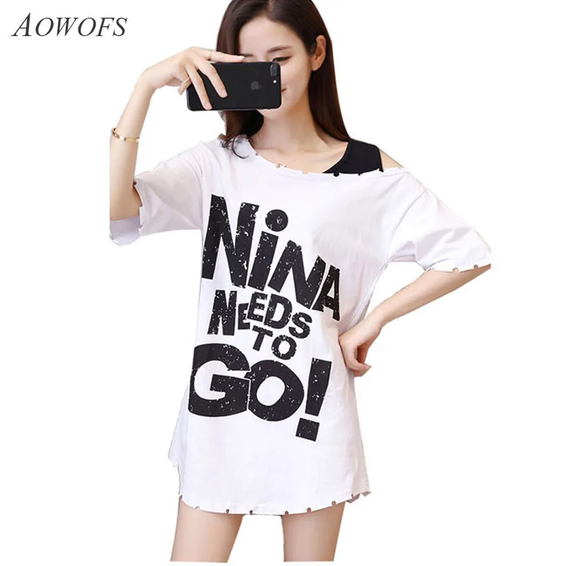 

2018 Summer Women T-shirt Casual Half Sleeve Off The Shoulder Letters Print O-neck Cotton Female Tops Plus Size PD826