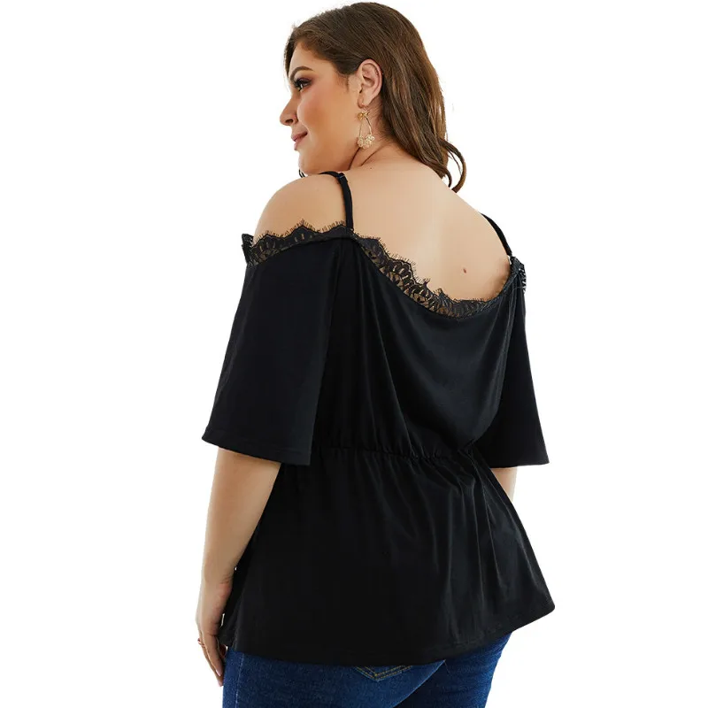 Autumn Blouse Shirts Women Tops Female Plus Size 4XL Black Shirt Blusas Lace Patchwork Strap Hollow Out Summer Blouses A040