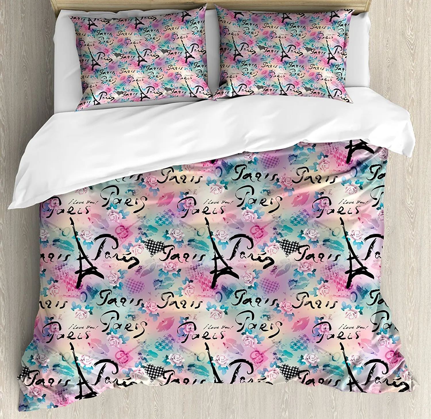 

Paris Duvet Cover Set Complex French Elements on Floral Rose Checkered Hearts Romance Love Theme Decorative 4 Piece Bedding Set