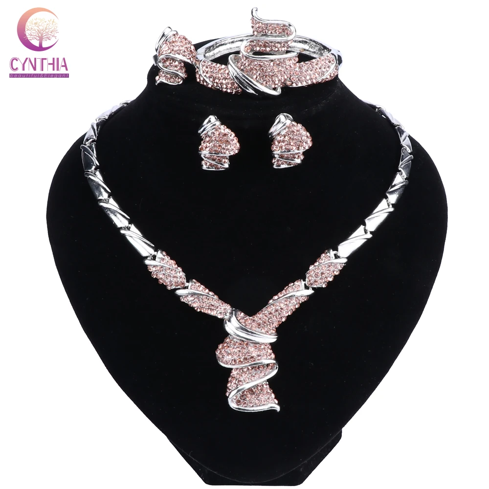 

New Fashion African Women Silver Color Wedding Jewelry Sets Dubai Vintage Crystal Necklaces Bracelet Ring Earrings Jewellery