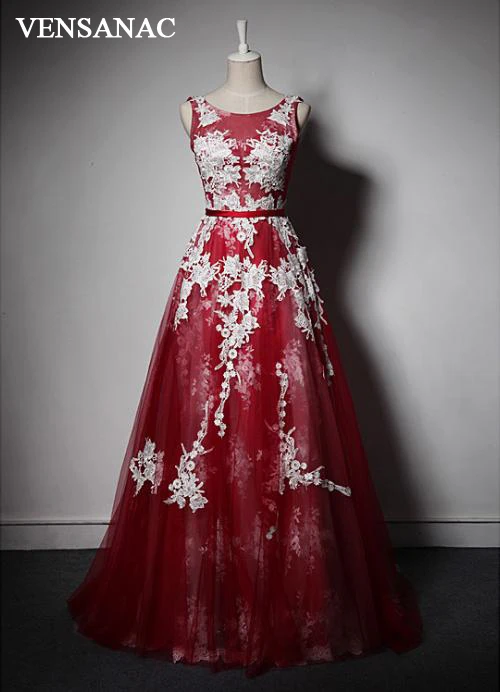 VENSANAC 2018 A Line Lace Flowers Appliques Long Evening Dresses Elegant O Neck Party Sash Backless Prom Gowns VENSANAC 2018 A Line Lace Flowers Appliques Long Evening Dresses Elegant O Neck Party Sash Backless Prom Gowns