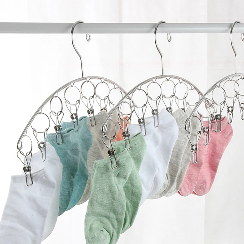 2PCS Stainless Steel Drying Hanger Rack 8/10 Pegs Clip Laundry Clothesline Dryer for Socks Underwear Towel Scarves (Arc Design)