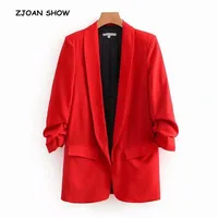Chic Candy Solid Color Ruched Cuff Mid Long Blazer With Lining Woman Shawl Collar Slim fit Suit Casual Jacket Coat Outerwear 1