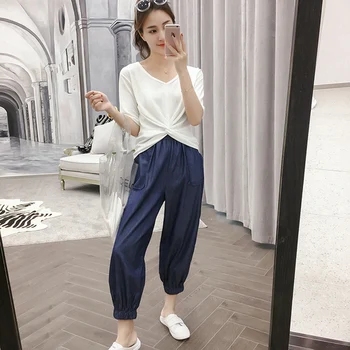 

Denim Harem Pants White Chic T-shirts Woman Loose V-neck Twinset Pocket Suit Women Korean 2 Piece Set Famale Summer Clothes