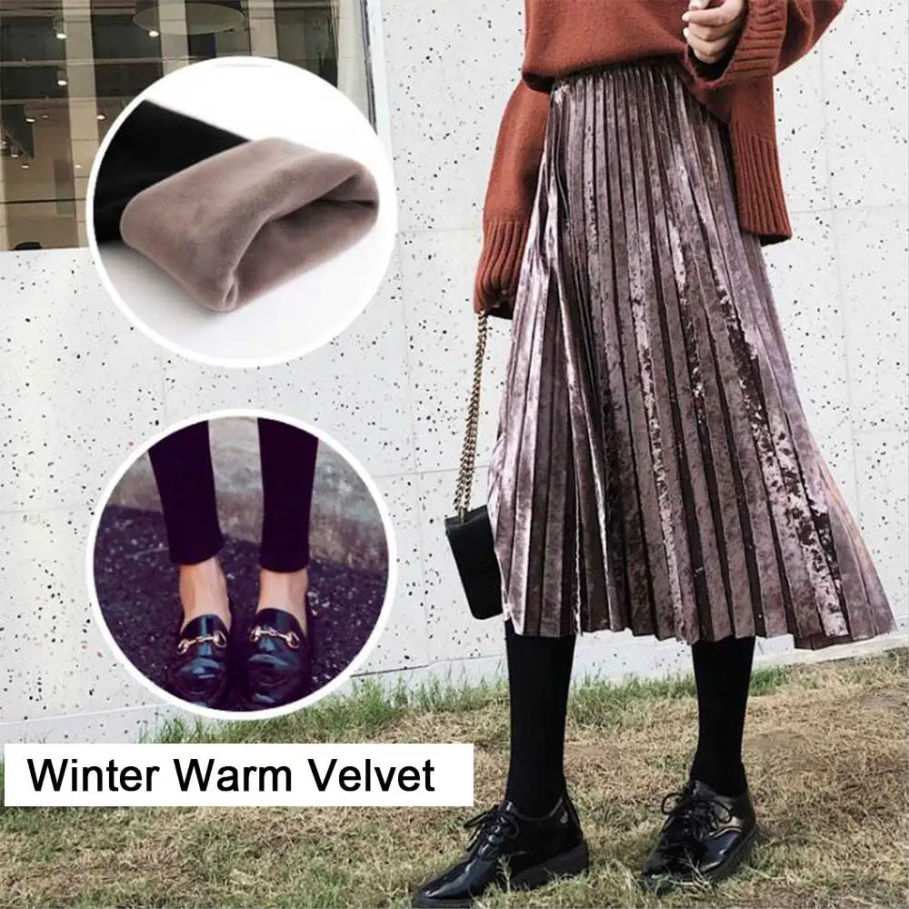 

Hot False Two Piece Skirt Pants Leggings Women Winter Warm Velvet Pants + Midi Pleated Skirt Bright Metallic Color Casual Skirts