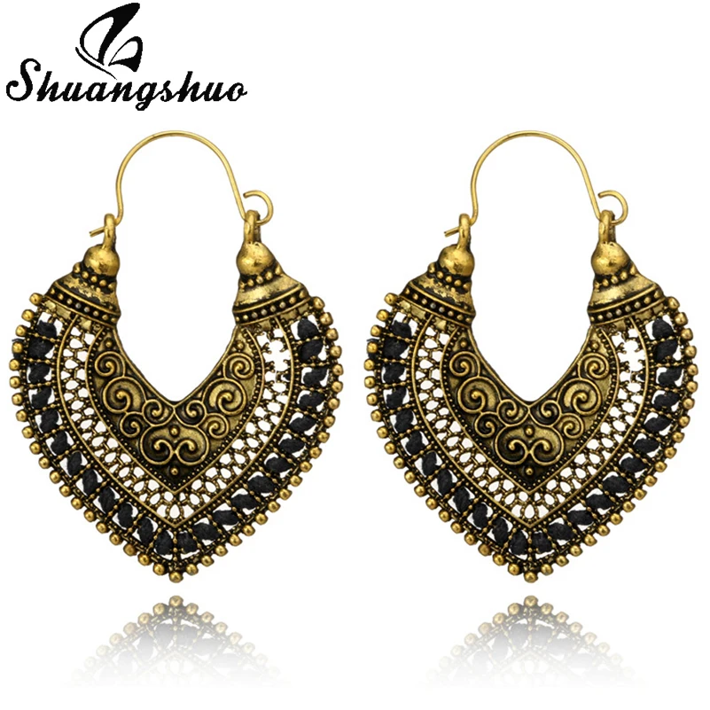 Shuangshuo Ethnic Vintage Carving Hollow Heart Hoop Earrings for Women Pendientes Mujer Brincos Bohemian Big Hoops Earrings