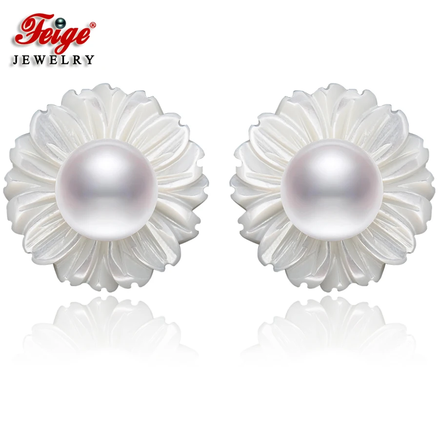 

FEIGE 6-7mm Shell Setting Natural Pearls Earrings 925 Silver Stud Earrings for Women Excellent Flawless Pearls Jewelry Earrings