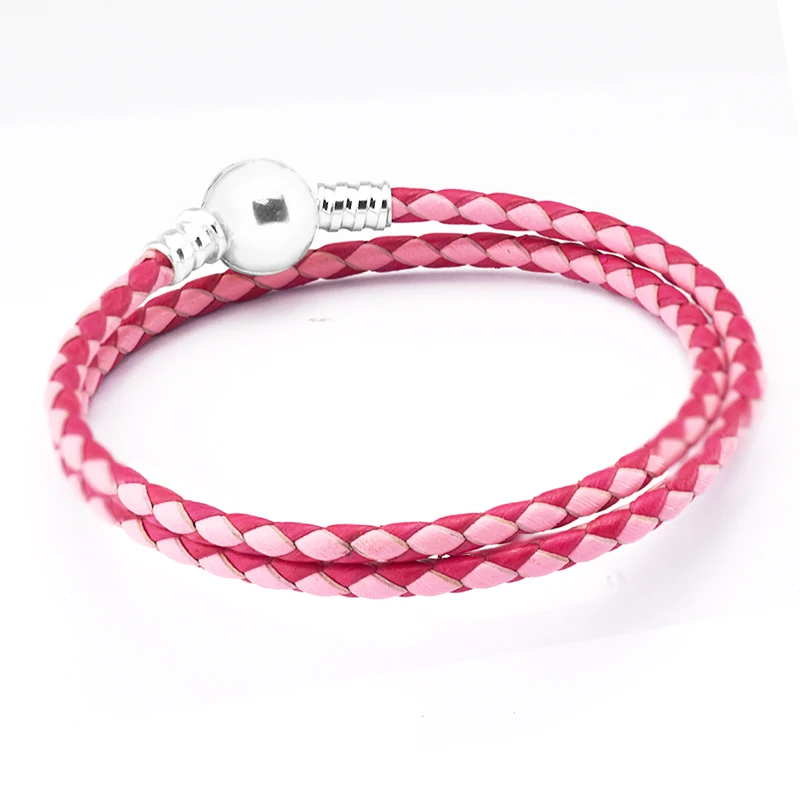 Mixed Pink Woven Round Clasp Leather Bracelets 100 925 Authentic