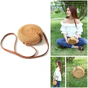 

INS new ladies hand-woven bag round rattan retro literary hand-woven leather buckle package Bohemia Beach Messenger bag